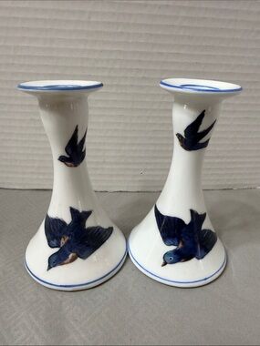 Antique Victoria Austria Blue Bird White Porcelain Candle Holders with Blue Trim